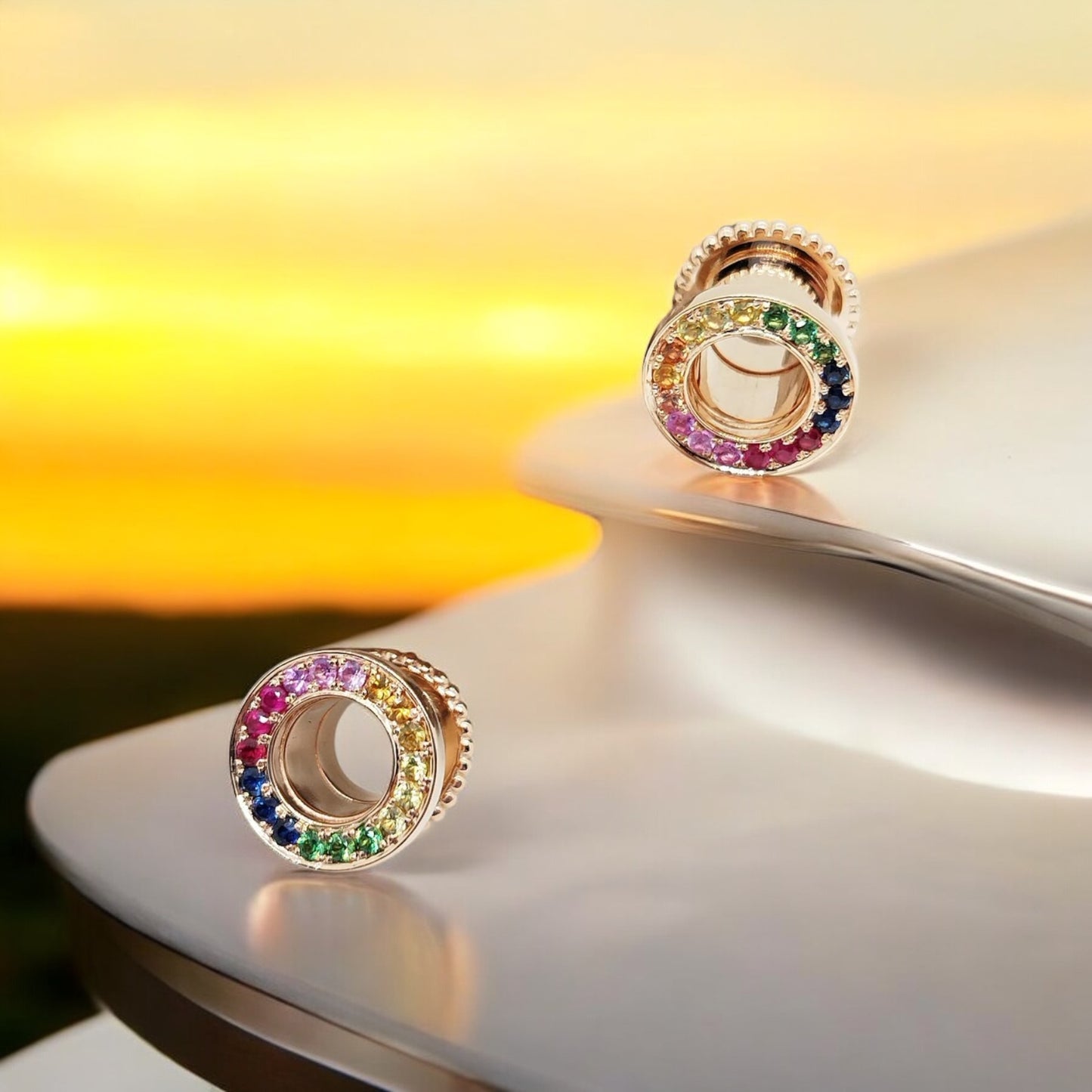 14k Gold Rainbow Stone Ear Tunnels