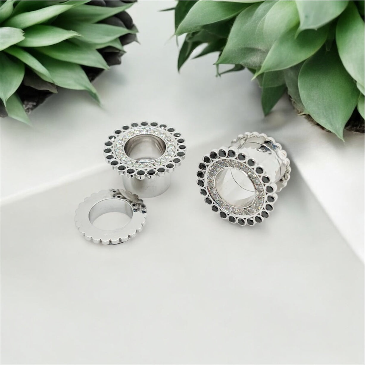 14k Gold Black and White Diamond Ear Tunnels