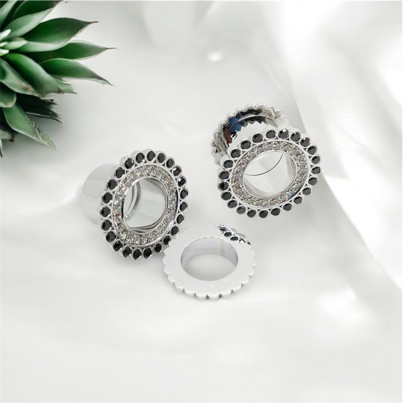 14k Gold Black and White Diamond Ear Tunnels