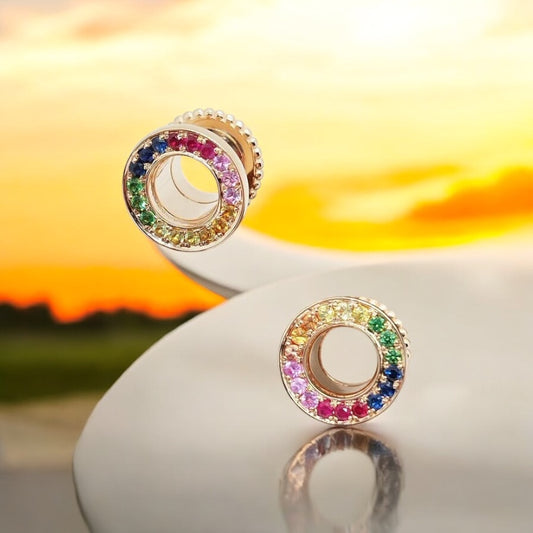 14k Gold Rainbow Stone Ear Tunnels
